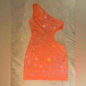 Sparkly Party Dress - Orange One-Shoulder Cutout Rhinestone